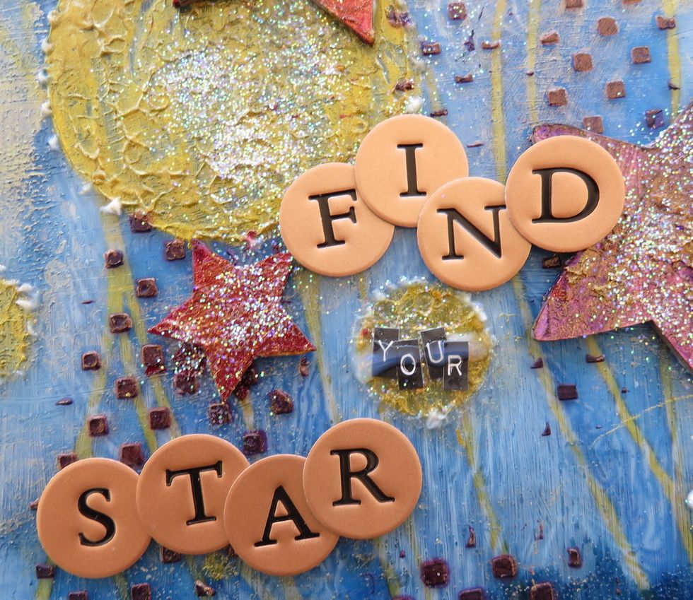 Glue old metal letters to make the "Find ... Star" sentiment. Add sticker letters to make the word " your" and cover it with clear glaze as it's very difficult to glue stickers over the paint.