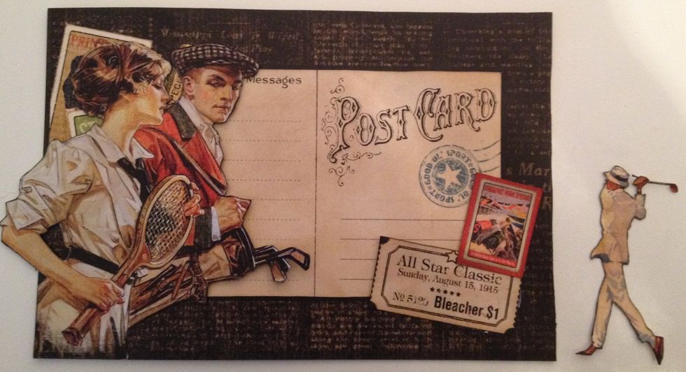 Glue on a ticket and a little stamp just on the sides and place the golf player over.