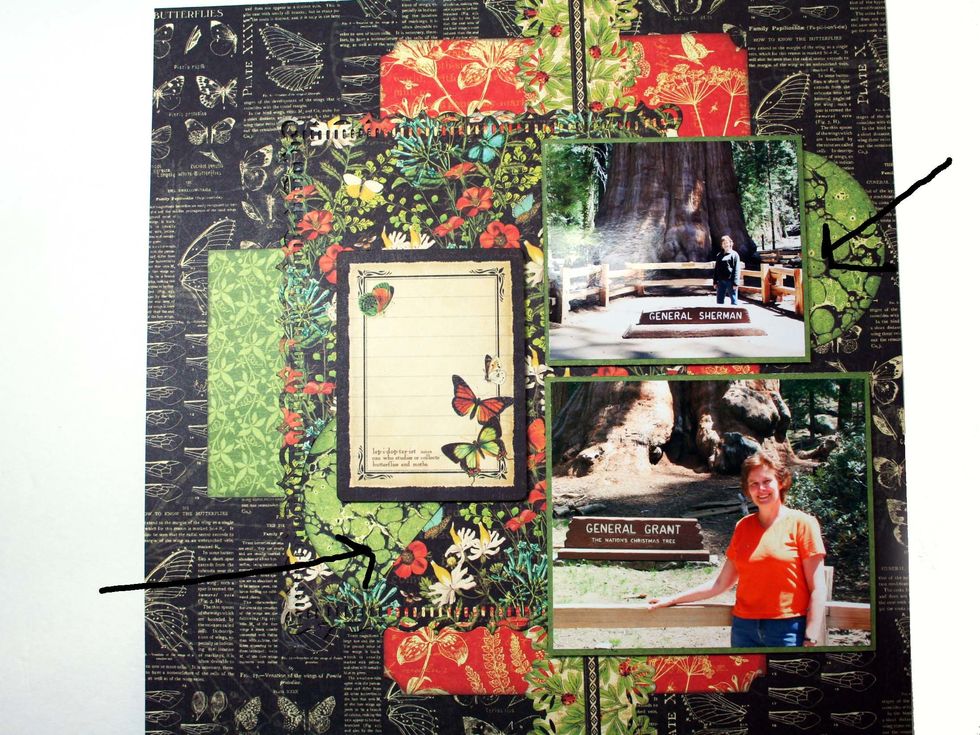 Glue one of the half circles on the right side as shown and then glue the photo on top.  Glue a whole circle underneath the  journal card and then glue the journal card and the 2nd photo.
