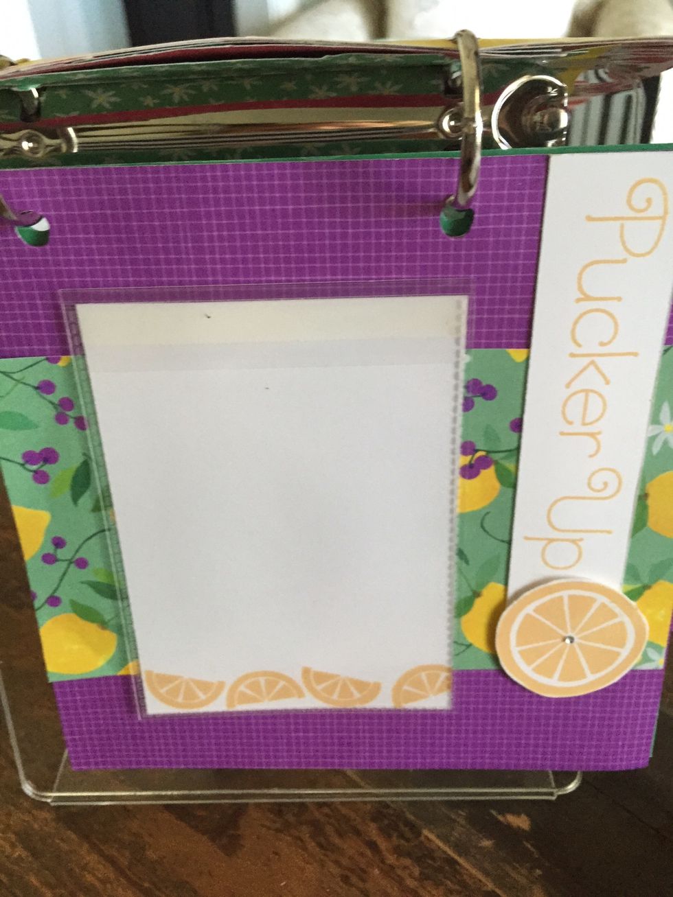 Glue paper as shown.  Stamp lemons in canary on bottom of 3 x 4 card.  Stamp PUCKER UP on long strip.  Stamp single lemon on white paper.  Cut out and add a small sparkle to middle of lemon!