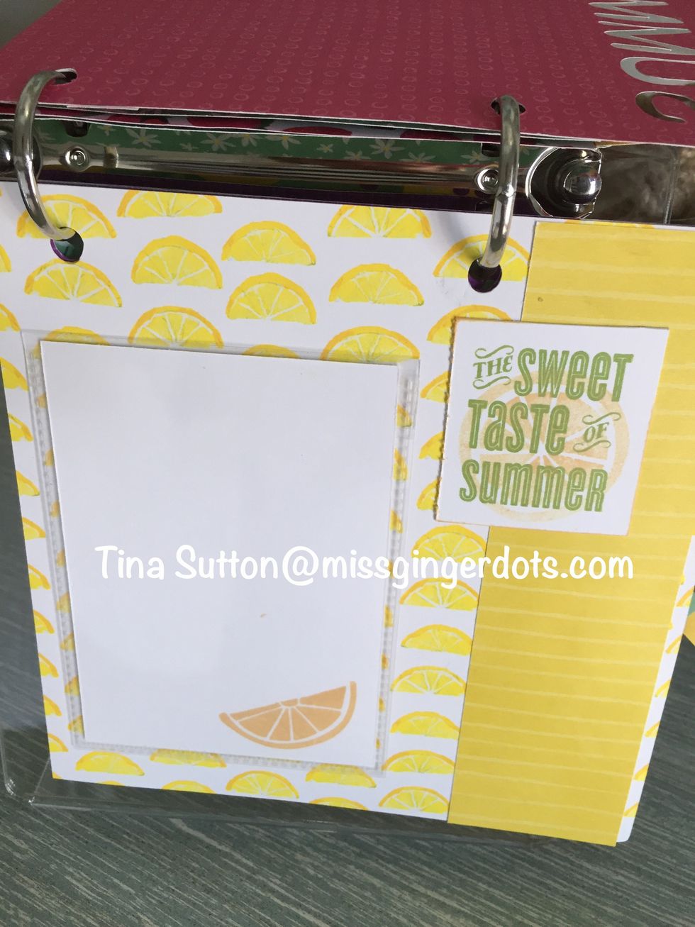 Glue paper.  On 3 x 4 card- stamp half lemon.  Add small sparkle to middle of lemon.  Add to flip flap.  Take the 2 x 2 square.  Lightly stamp full lemon on paper in canary ink