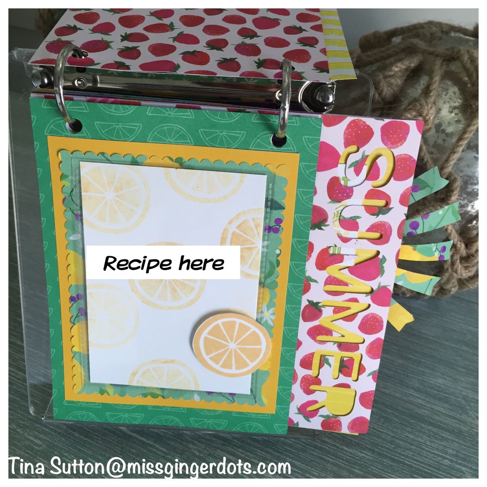 Glue papers. 2nd generation stamp your lemons on the white paper, 3 x 4 card.  Add recipe. Stamp the extra lemon-first generation on a different sheet of paper. Cut out and attach with 3 d foam!