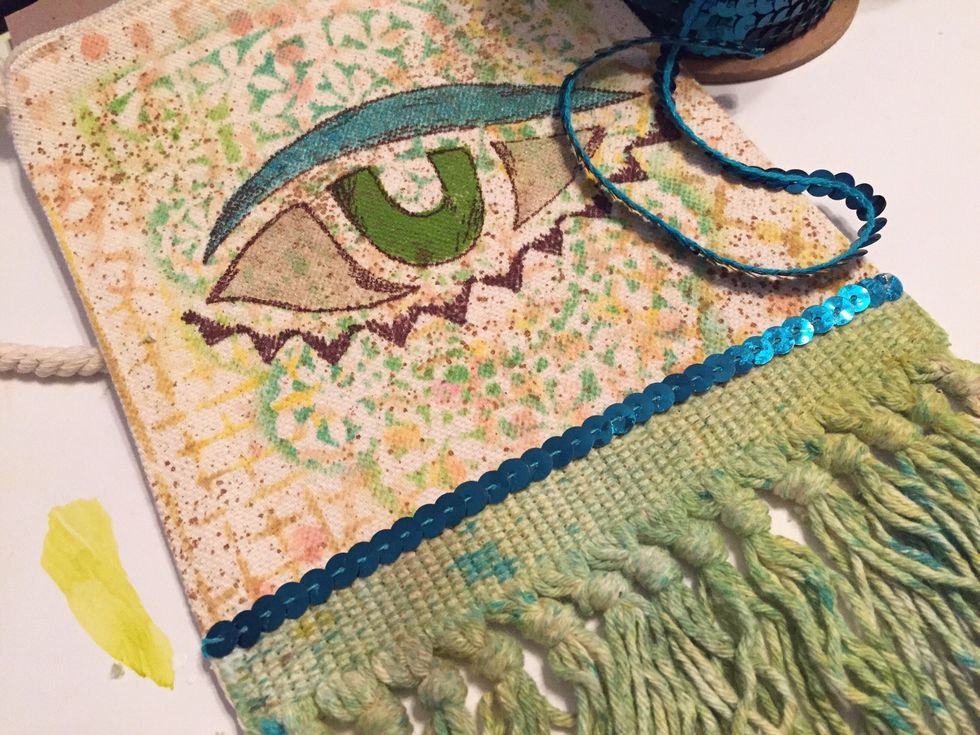 glue sequin trim along top edge of fringe trim using Fabri-Tac. seal each end with a little more glue over sequin and thread to prevent unraveling.