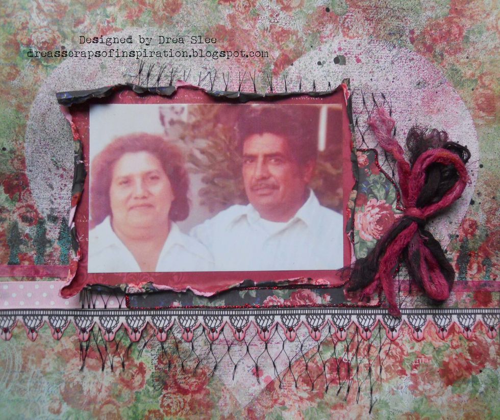 Glue tag over the lace border, adding the photo into the frame of it.