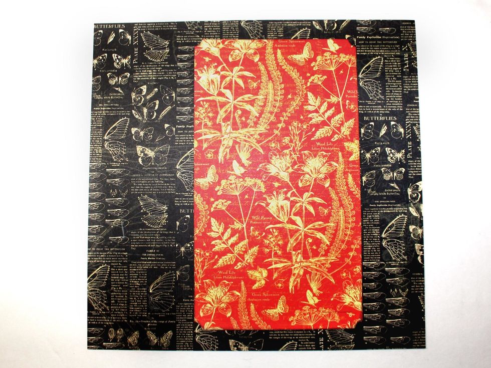Glue the 6 x 10.5" Every Blooming Thing rectangle to a full sheet of Plant Kingdom 2.25" from the right side and .75" from the top.