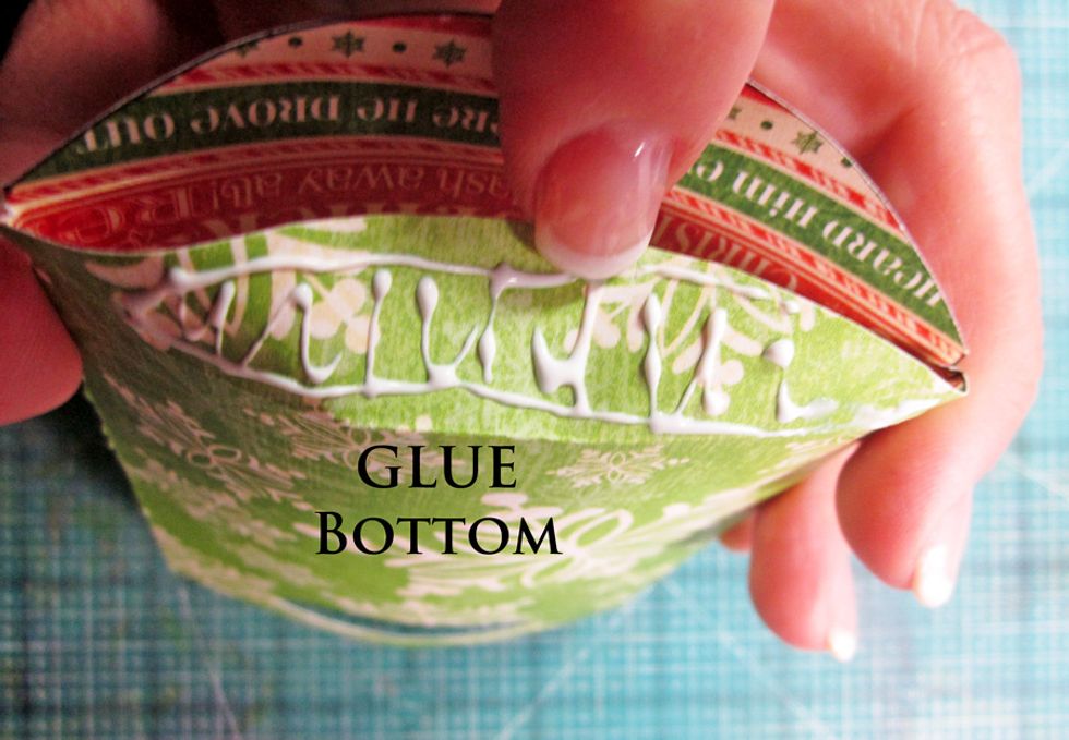 Glue the bottom of the bag together. You'll have to tabs to fold over flat from your score earlier.