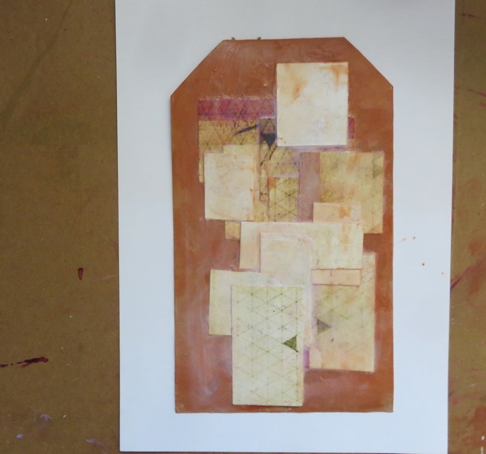 Glue the cardstock rectangles over the painted tag as shown.