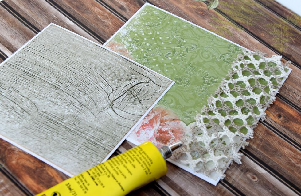 Glue the details of scrapbook paper to the cardstock. Glue the lace