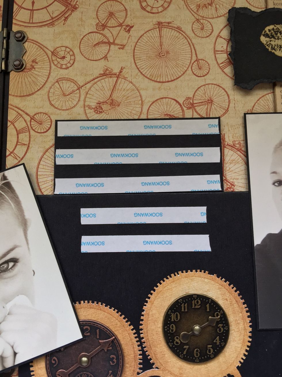 Glue the fussy cut gears and two clocks. Then use some double-sided tape to stick the photo on.