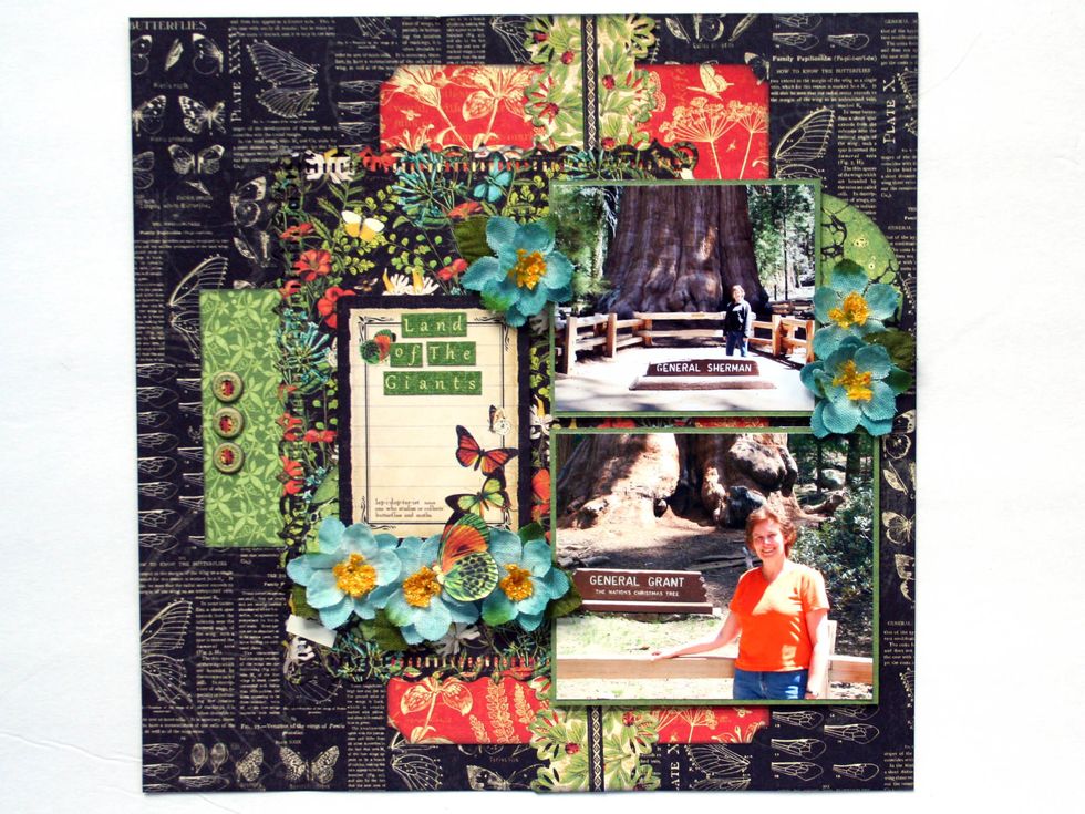 Glue the ladybug chipboard pieces on the left as shown and embellish as you like with flowers.  Add a fussy cut butterfly from Monarch Majesty.