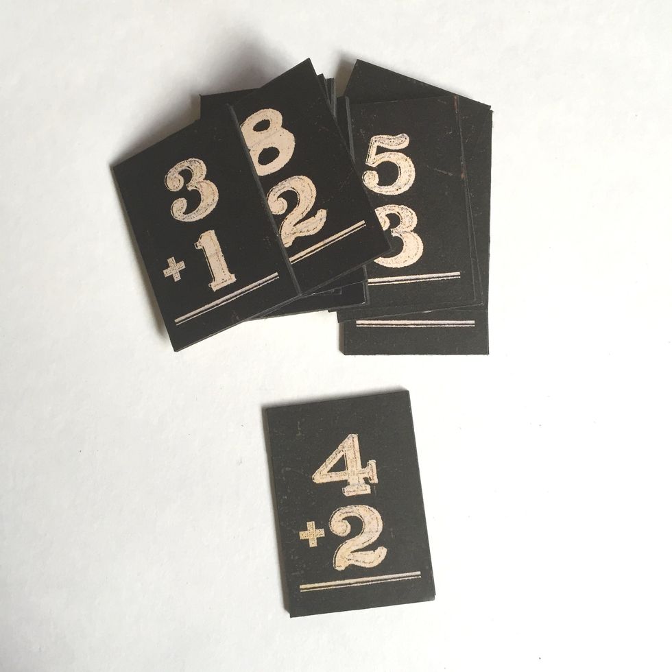 Glue the number placards over the chipboards... Only glue onto one side of the chipboards... These will be your number blocks...