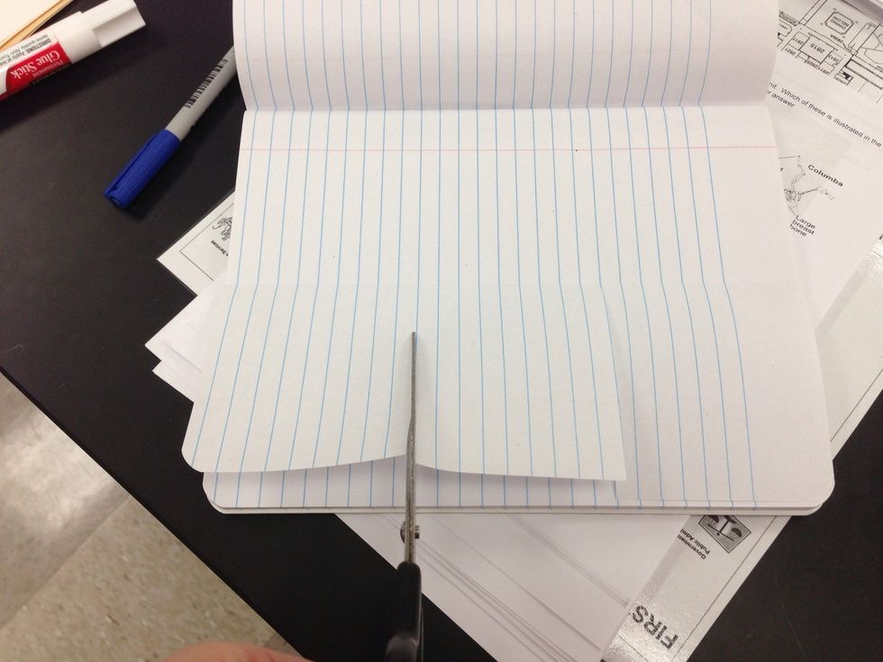 Glue the paper to the next page in the notebook, and then cut the unglue half into 3 equal sections