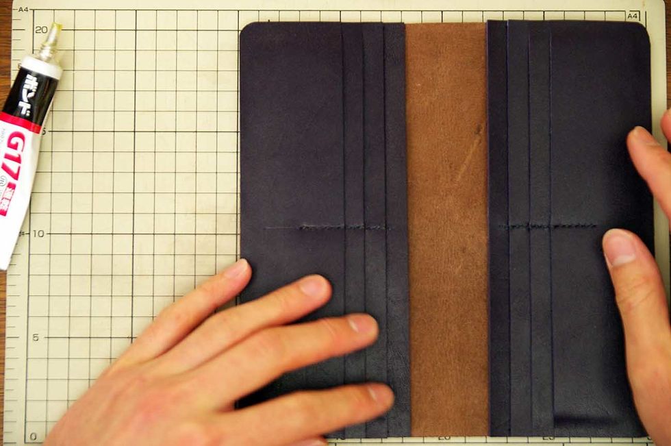 Glue the two inside pockets onto the inside of the leather.