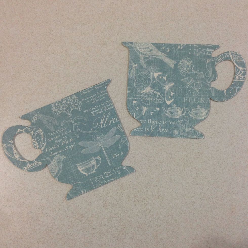 Glue the wrong side of the cut out pattern paper onto the acrylic teacups and this is what you will get for both teacups...