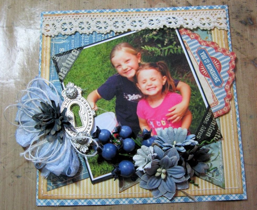 Glue to the prepared sheet of 6x6" blue paper. Set aside and add to the mini album cover as the final step.