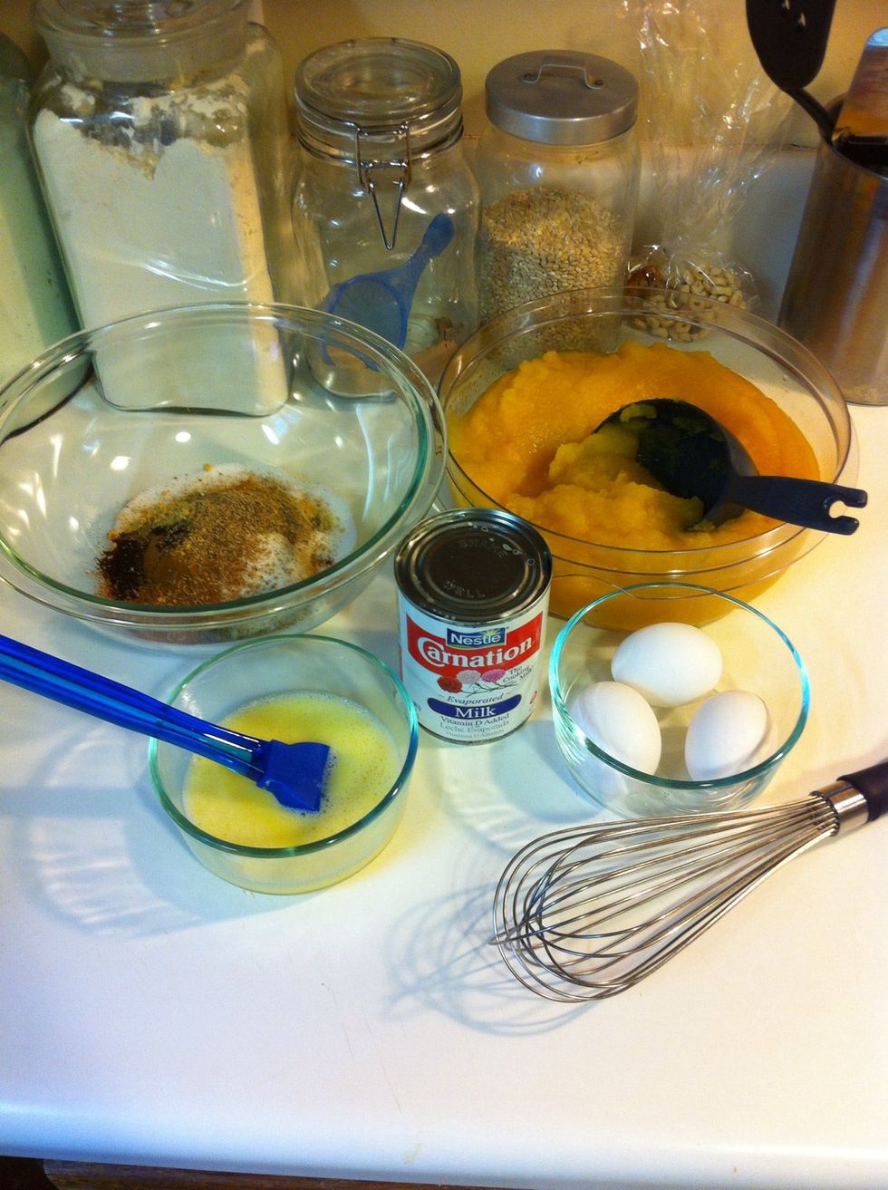 Go ahead and get everything else together. I went ahead and mixed my sugars, salt, and spices together to save on dishes. {FYI - egg wash is just an egg and a little water, whisked together.}