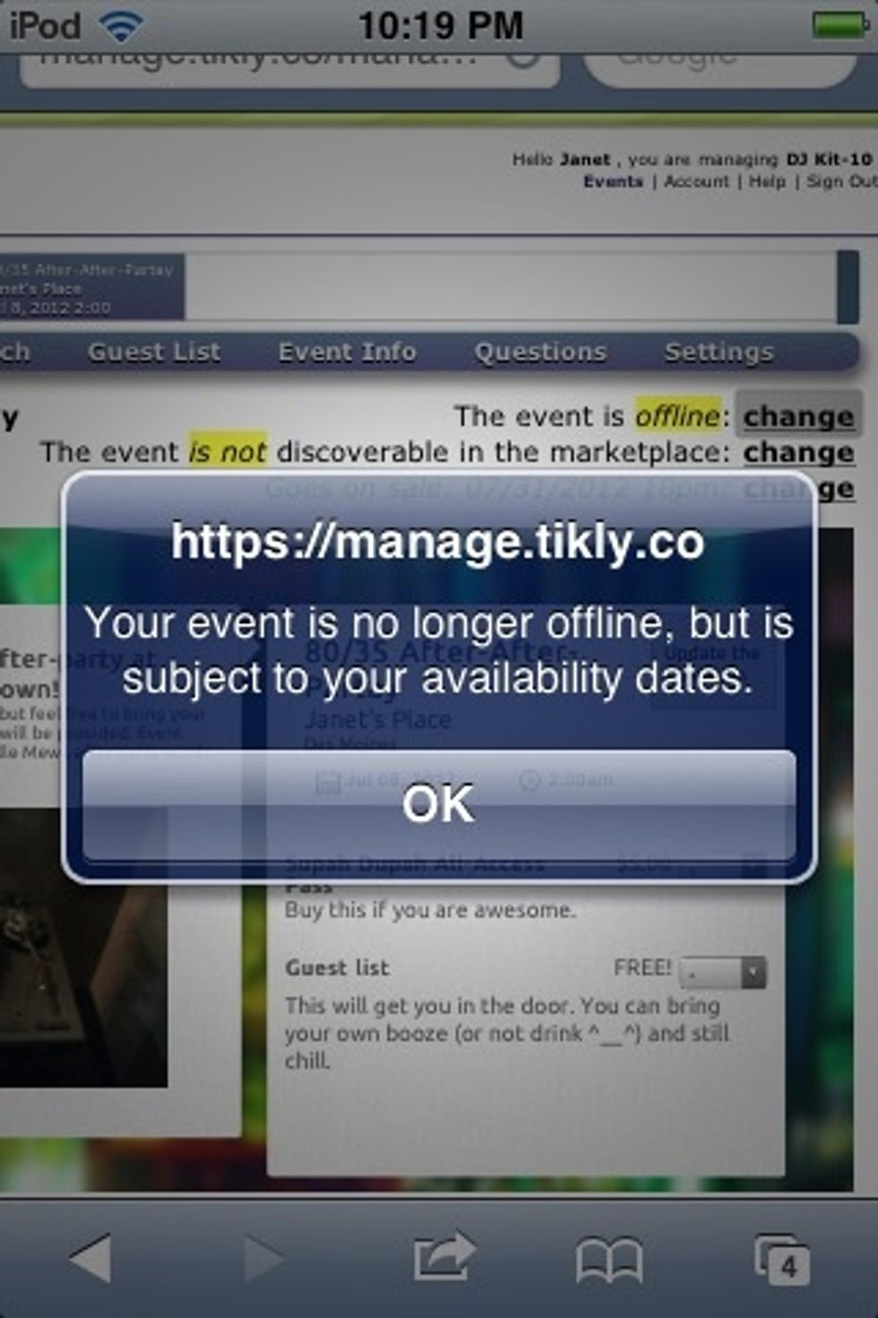 Go ahead and return to the "preview" tab. To put your event "online" or "offline", just hit "change" in the upper right of your screen. This cute message will pop up!