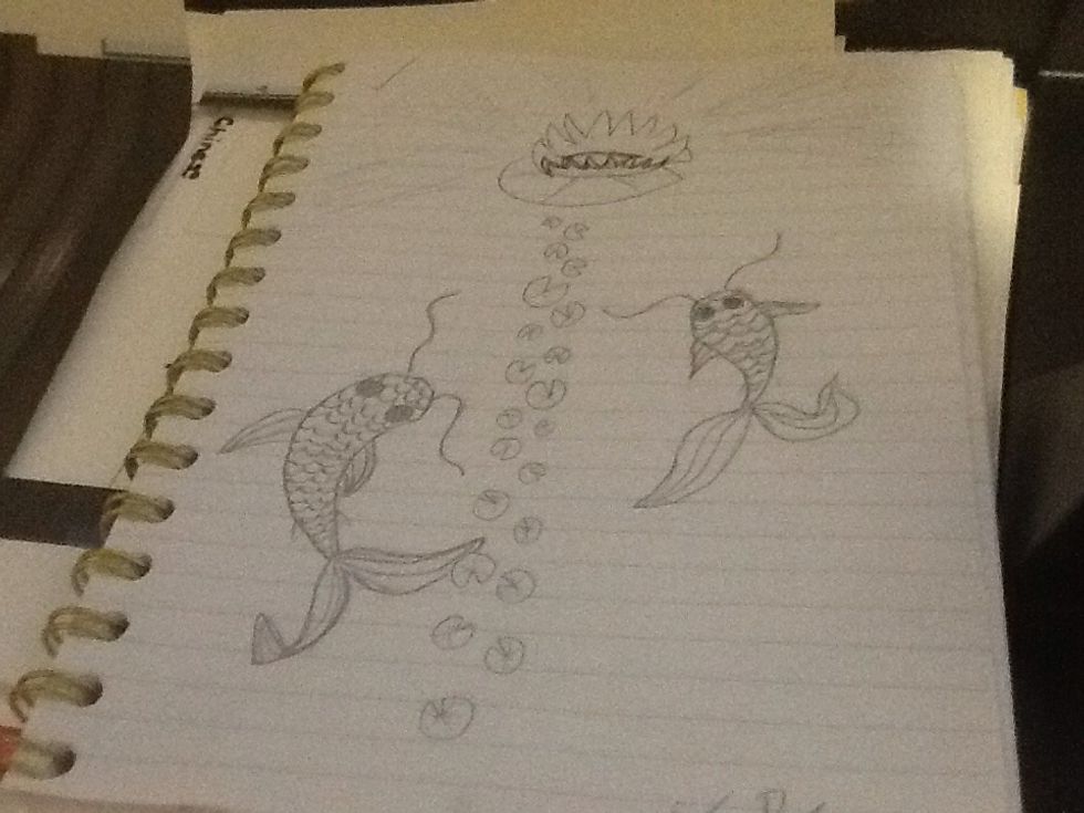 Go back over your drawing with darker marks and color with the colored pencils. Orange=fish Pink=flower Blue=water Green=lily pads.