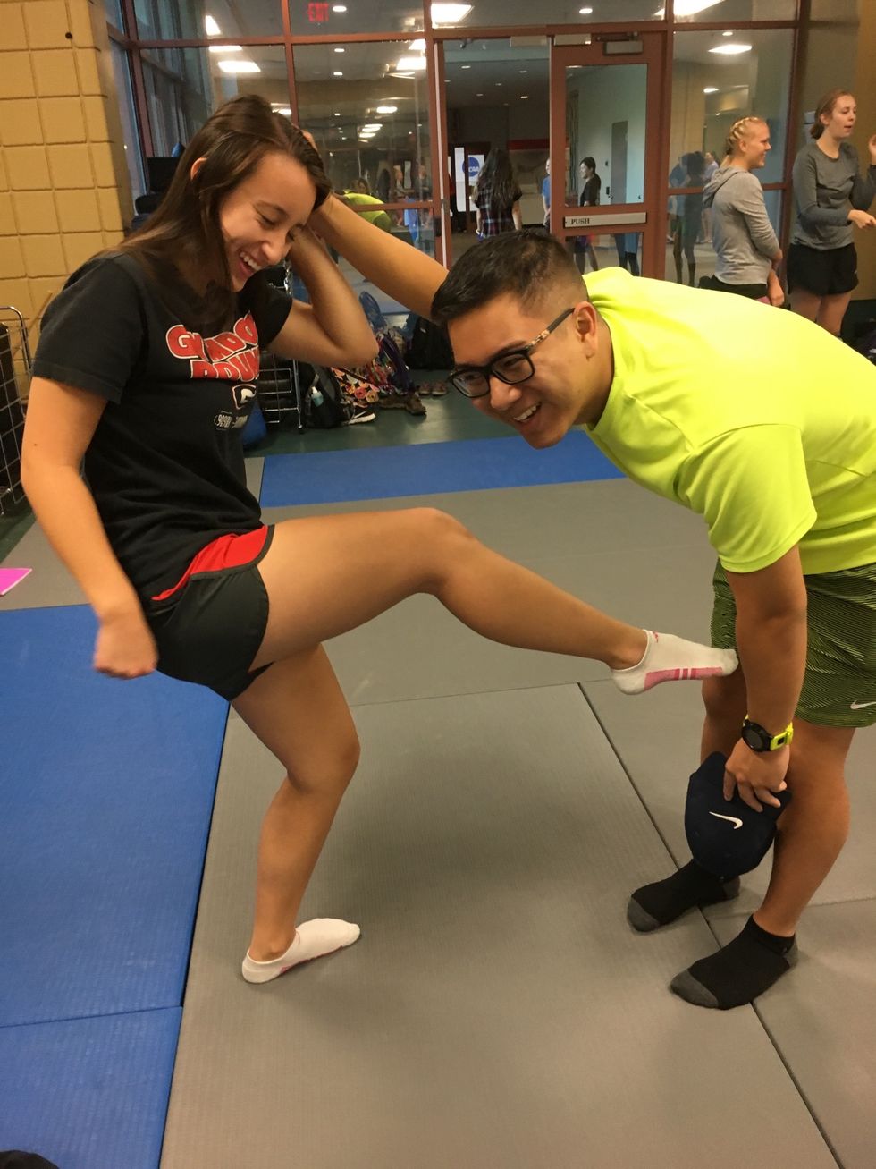 Go for a groin kick while the attacker is bent over