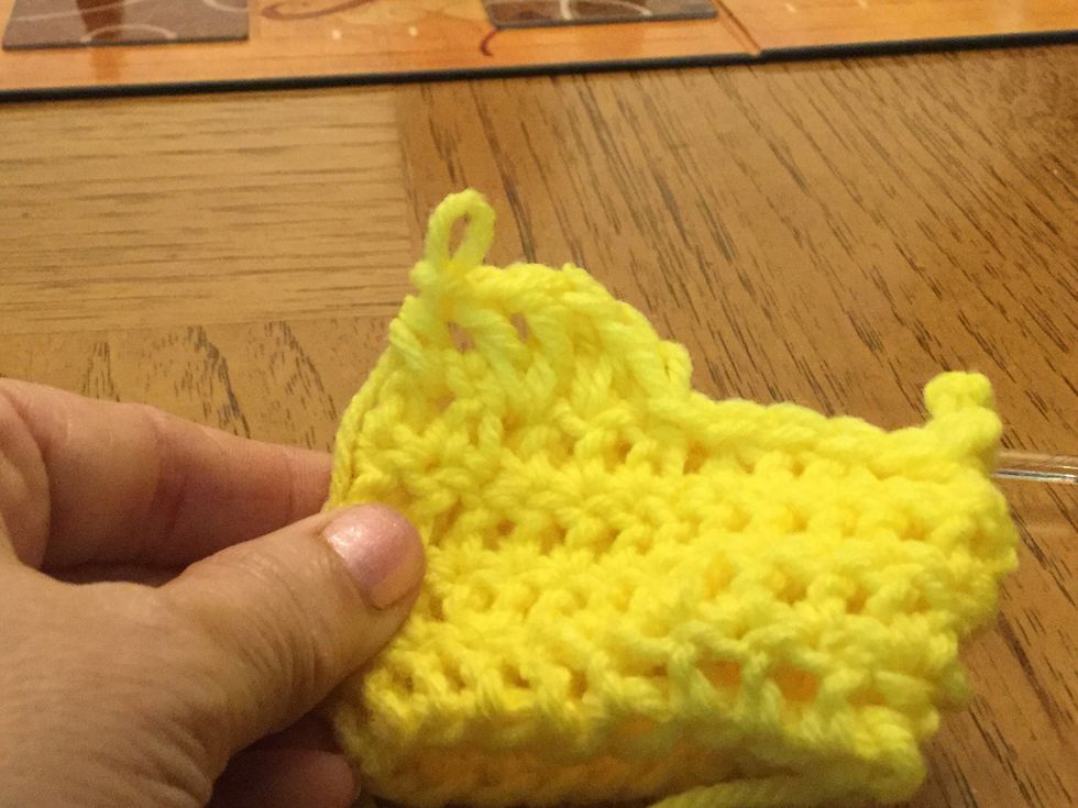 Go through tops to next set of DCs. TC and then DC in them. Finish with a HDC in the last set of tops.