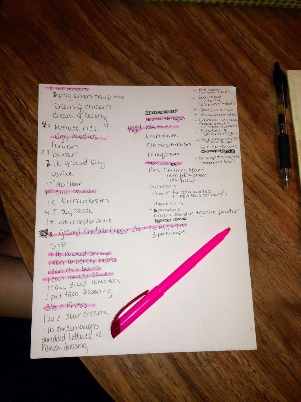 Go through your cabinets and freezer to see what ingredients you lack. Highlight what you need to buy.