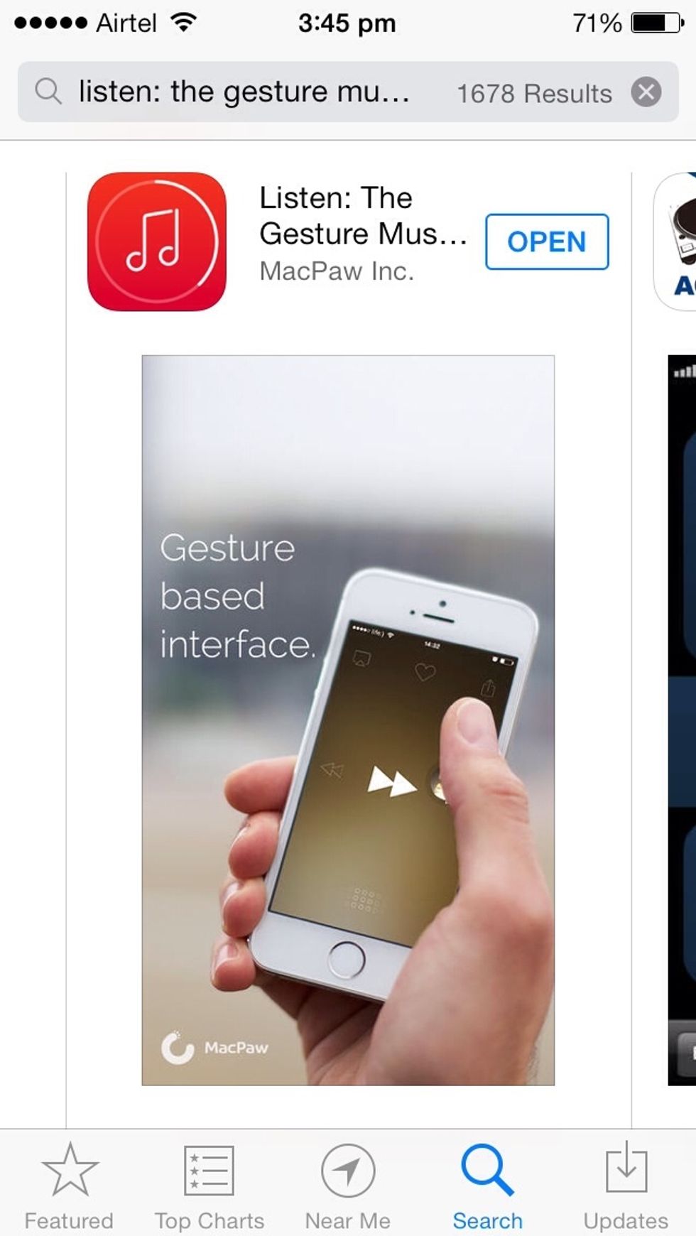 Go to AppStore and then search " listen " then click on listen : the gesture music player .