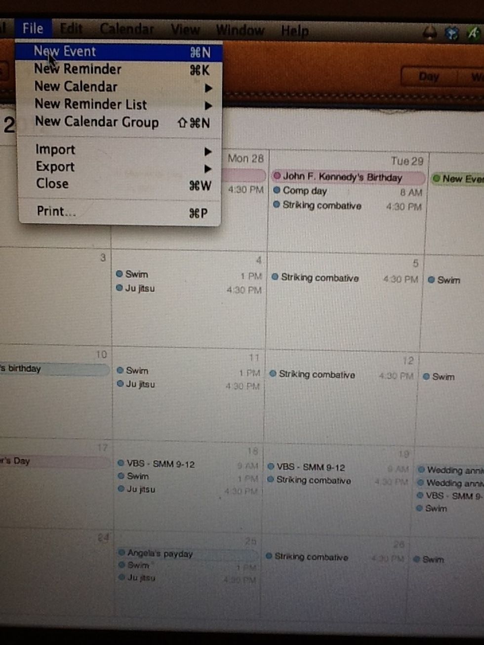 Go to "file", "new event" and create events for your calendar. You can also just double click on the calendar day you want to add an event.