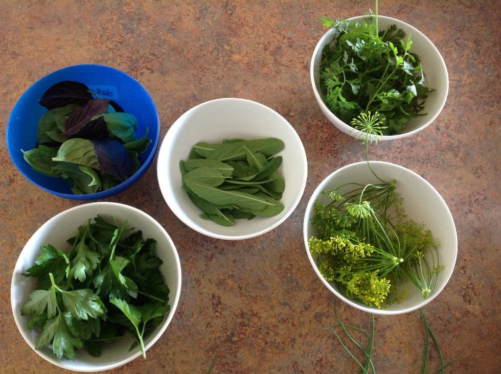 Go to garden and cut herbs. Make sure to keep the different kinds in separate bowls so they don't get mixed up.