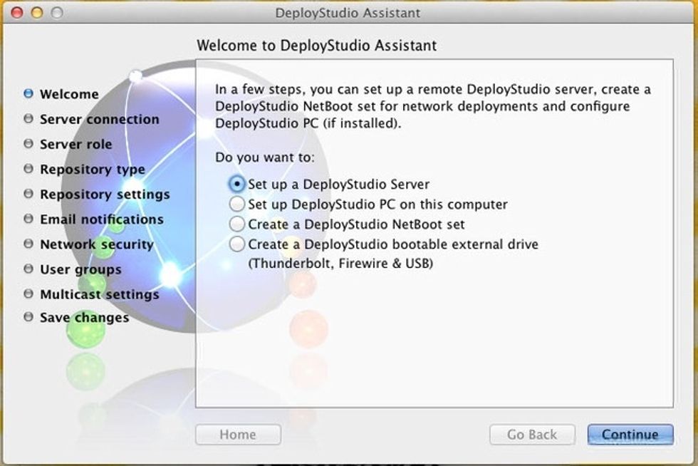 Go to "Go" and utilities and start the Deploy Studio Assistant. We want to set up a new deploy studio server.