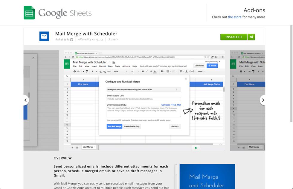Go to https://goo.gl/AnQhdK and install the Mail Merge add-on for Google Docs.