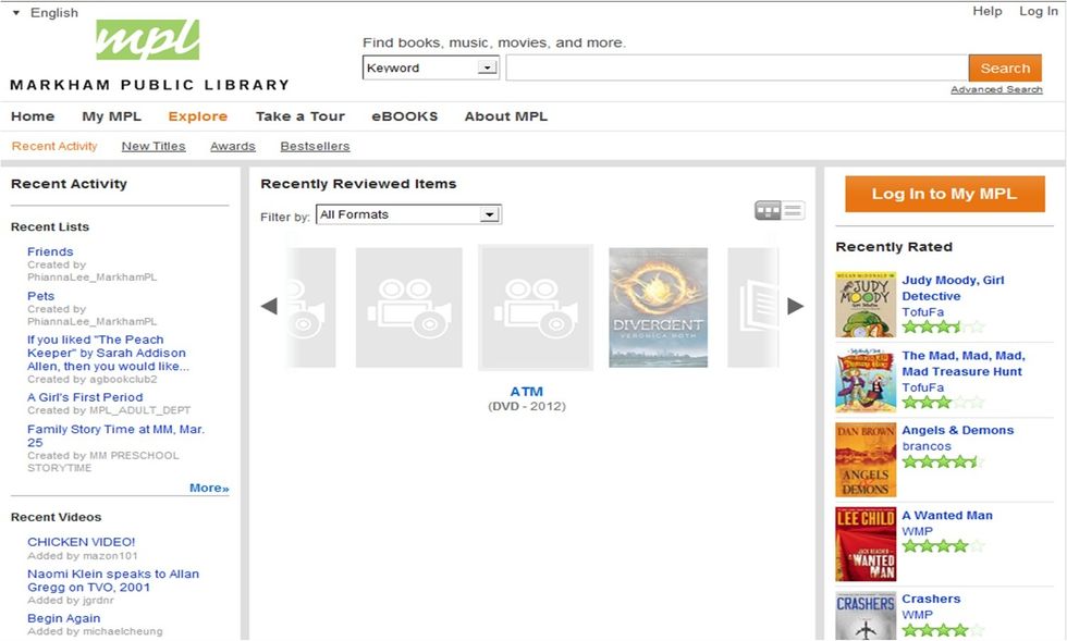 Go to markham.bibliocommons.com --> this is the Library Catalogue.
