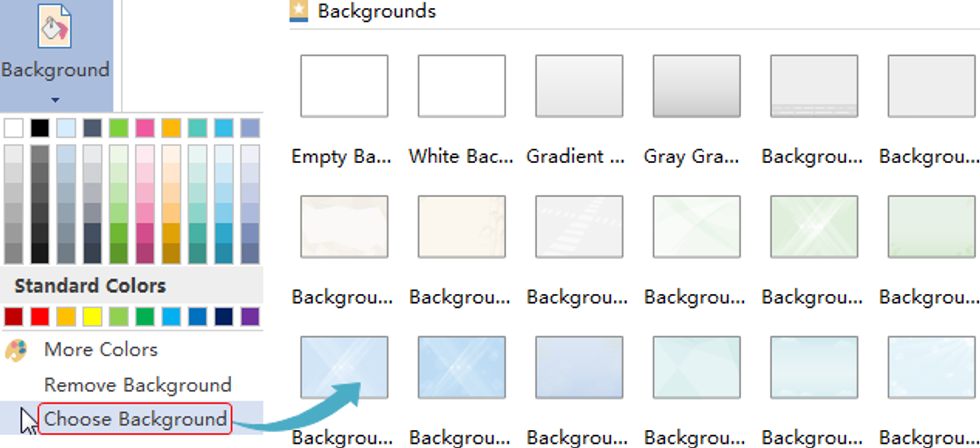 Go to Page Layout, click Choose Background to select a predefined background. Click Remove Background if you don't want that. Switch to View tab and click Background View to customize the background.