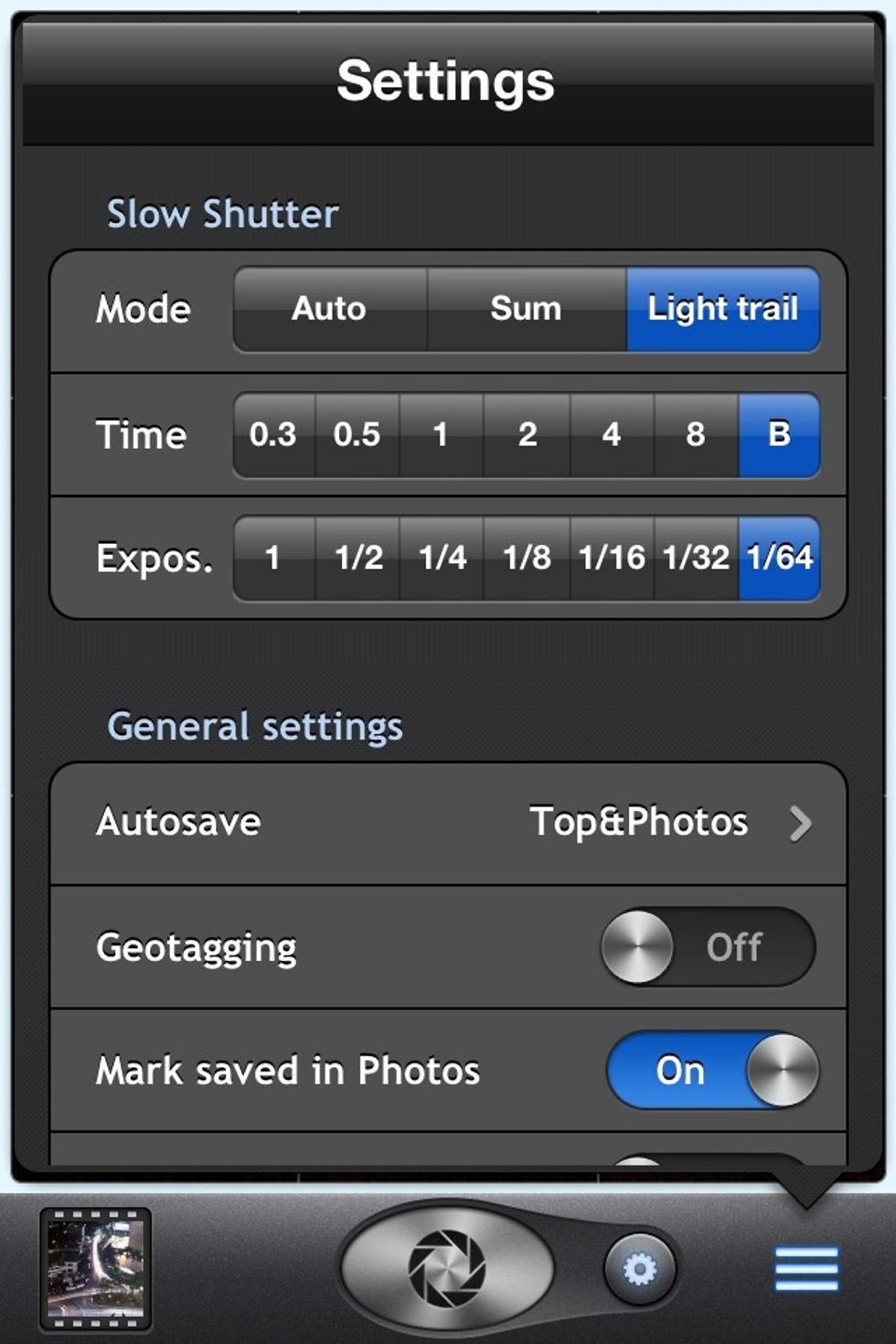 Go to setting menu, then set slow shutter setting with light trails mode | exposure time bulp (B) mode | exposure speed 1/64sec to minimize shake