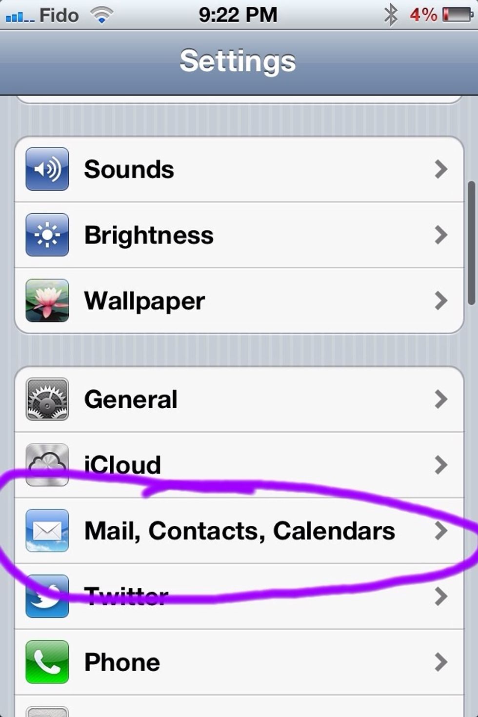 Go to 'Settings' and select 'Mail, Contacts, Calendars'