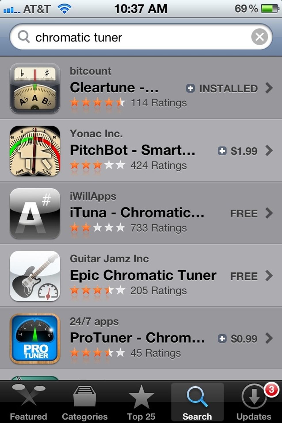 Go to the app store and search chromatic tuner.  This is the list it pulled up for me.  I have found Cleartune to be the best. However there are a lot of options out there.  Install app.
