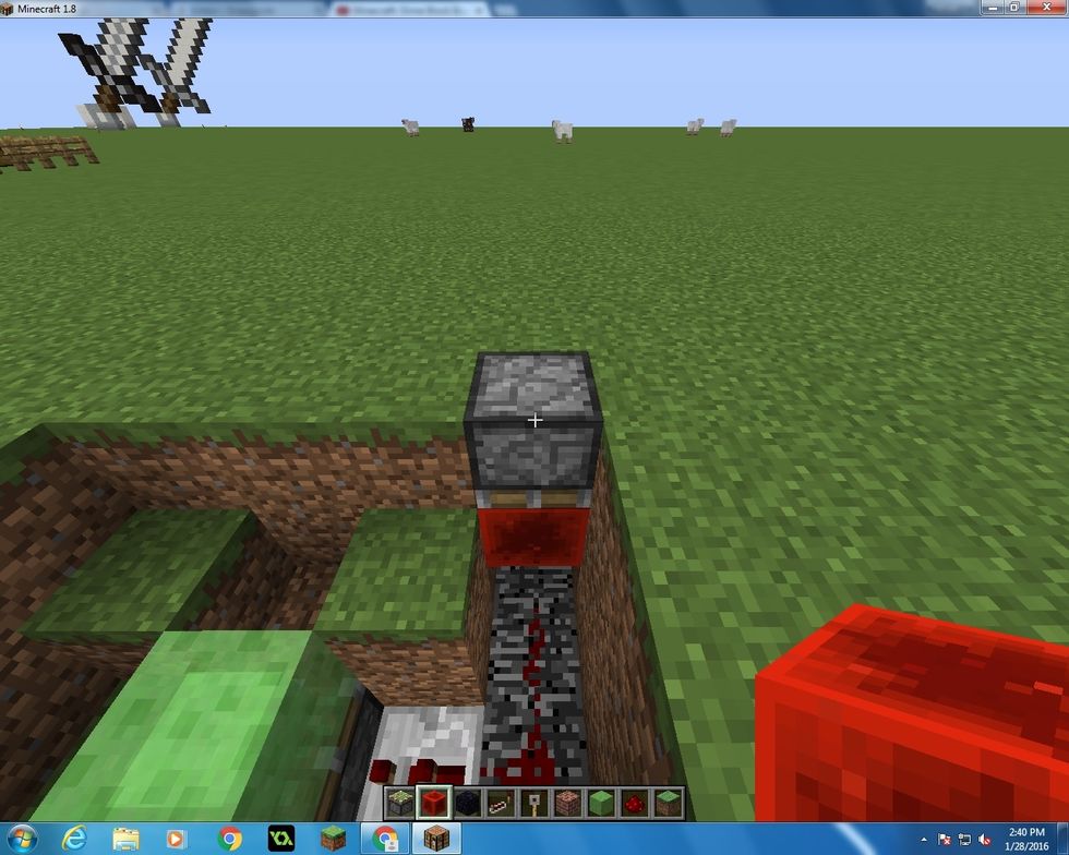 Go to the left of the blocks that you just destroyed and deleted those three blocks. In the 3 block space put your Sticky Piston and top and then put your Redstone block under.  Then nothing else.