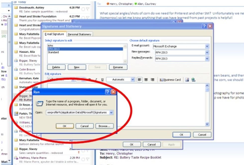 Go to the start menu and select Run (in the bottom right corner). Enter the below text in the dialog box and hit OK. %userprofile%\Application Data\Microsoft\Signatures