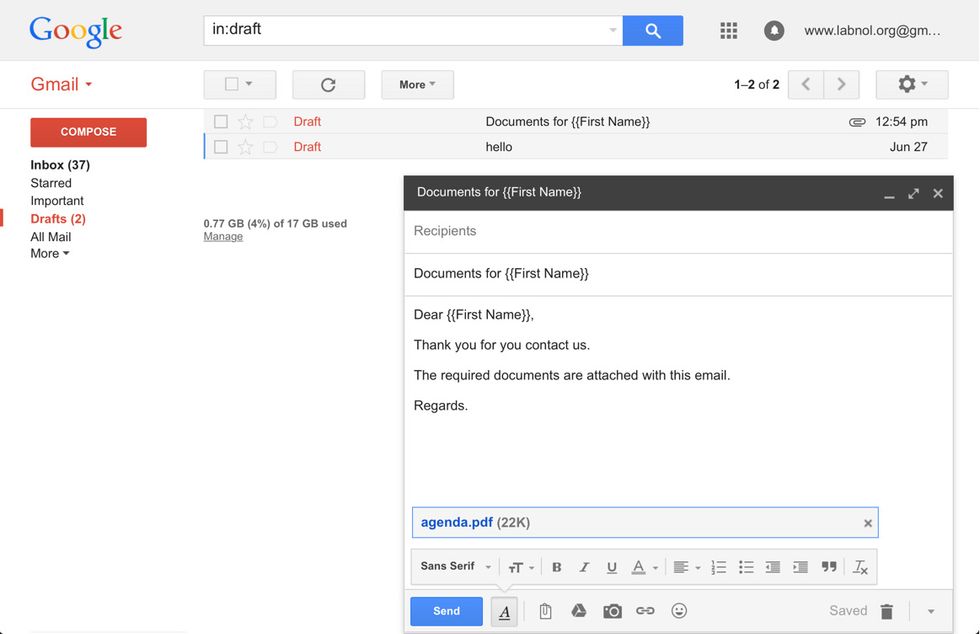 Go to your Gmail and compose a draft. For personalized emails, you an includes fields using the {{column name}} notation and they'll be substituted with the actual column value from the spreadsheet.
