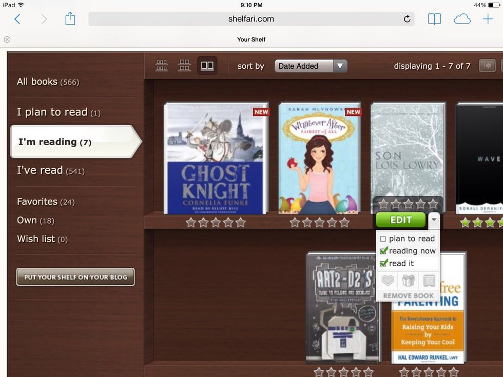 Going back to your shelf, you can keep a list of titles you want to read. Then, when you begin reading, or finish a book, just use the drop down edit menu to change the status and add a quick rating.