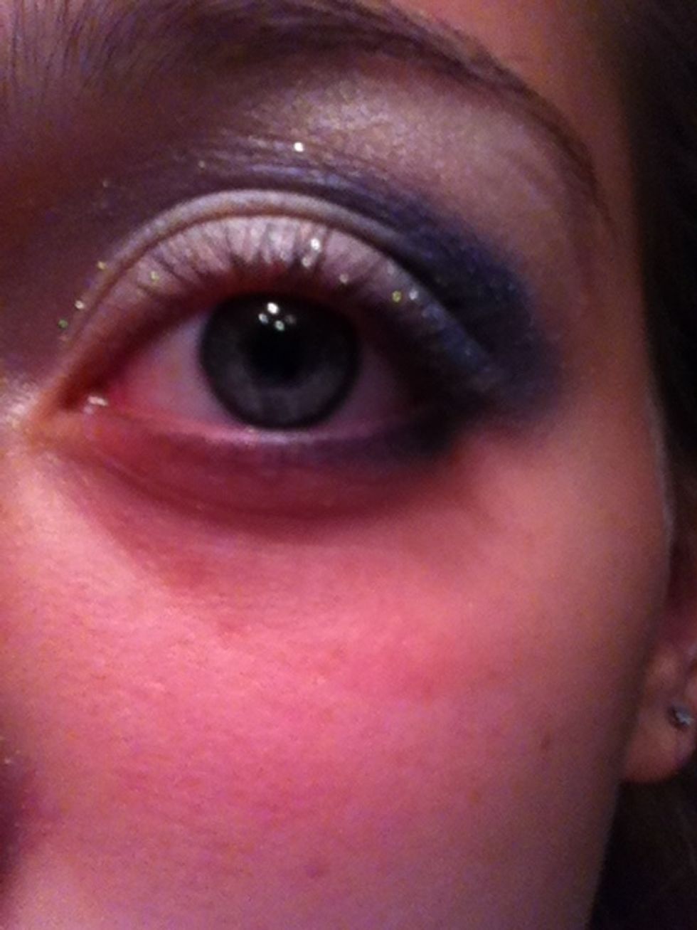 Going back with the dark blue eye shadow I used my eyeshadow brush and gently lined my bottom eye connecting it with the top eye lid.