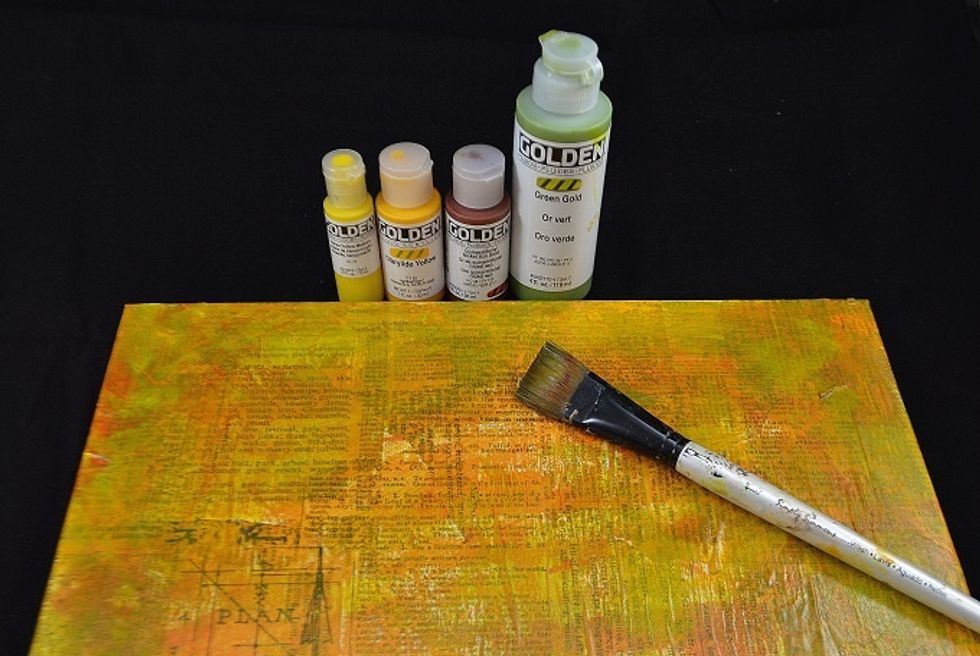 Golden Fluid Acrylics - Diarylide Yellow, Hansa Yellow Medium, & Green Gold - add fall color to the canvas.