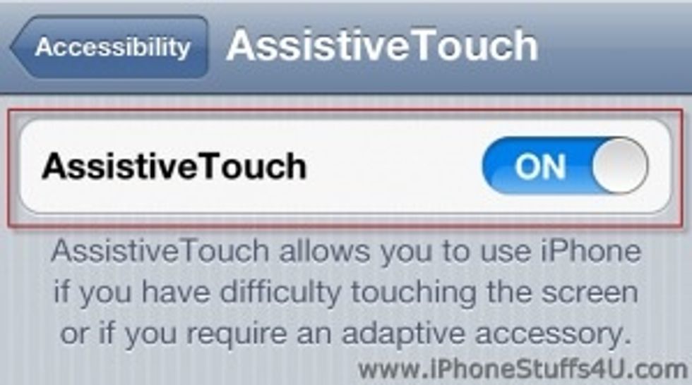 Got to Settings -> General -> Accessibility. Scroll down to bottom and tap on \u201cAssistiveTouch\u201d option. Set it ON to activate the option.