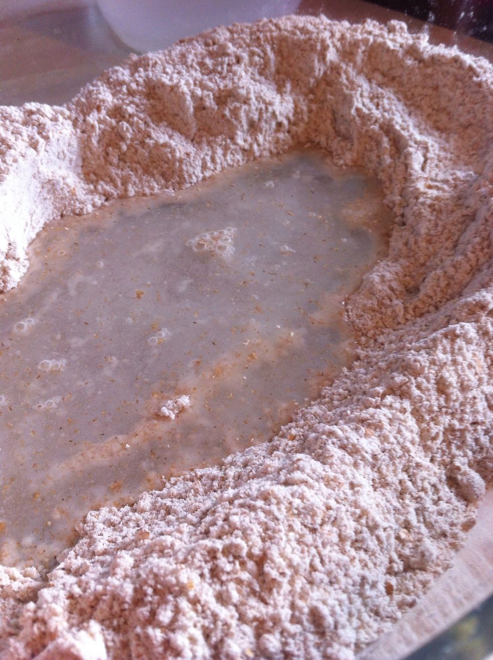 Grab 200g of flour (wholehrain or white) and make a well. Add water (100ml ish) a bit at a time till you get dough.