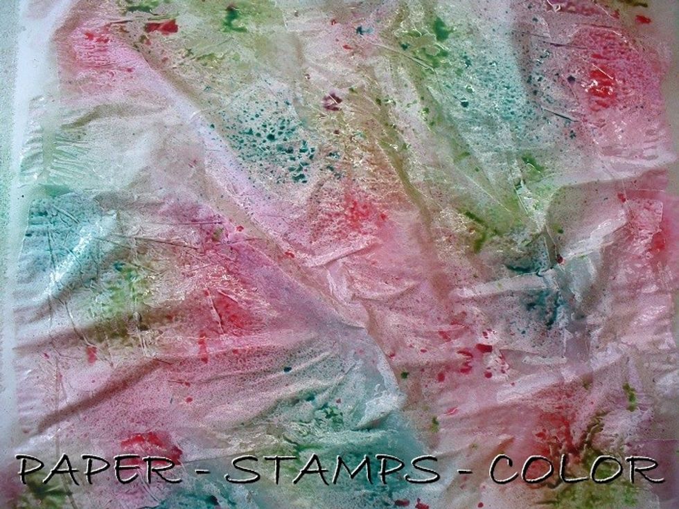 Grab a big sheet of deli paper and scrape some gesso randomly over the page. While wet spray with Colorations sprays until you're satisfied with the coloring.