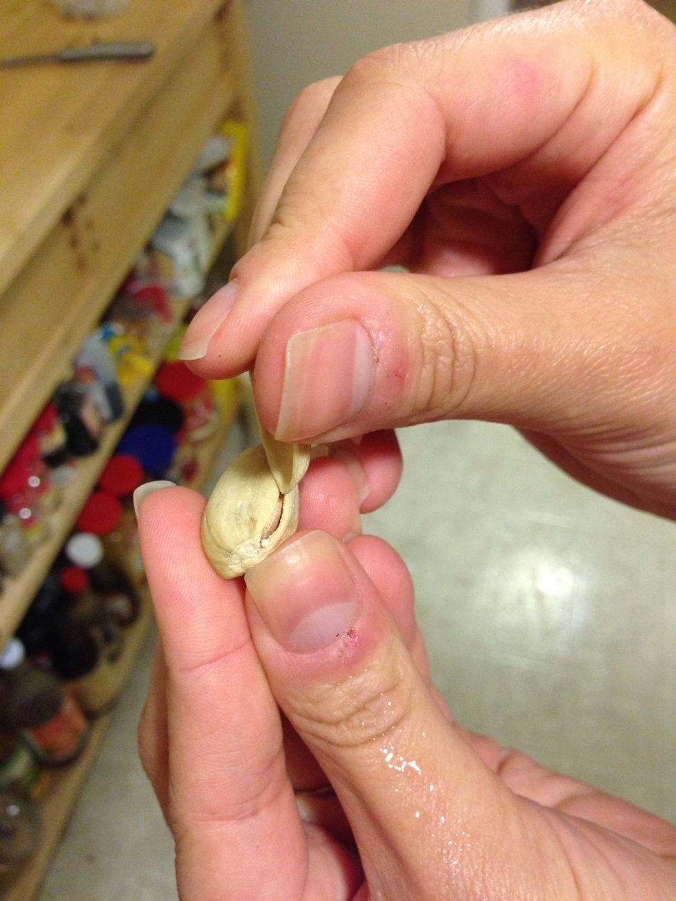 Grab a pistachio shell from your pile. I know you've already eaten a lot, so it's ok. ;). Wedge the shell into the small opening and wedge the shell open.