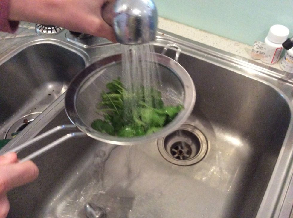 Grab about 1/4 of your coriander and wash it under the sink.