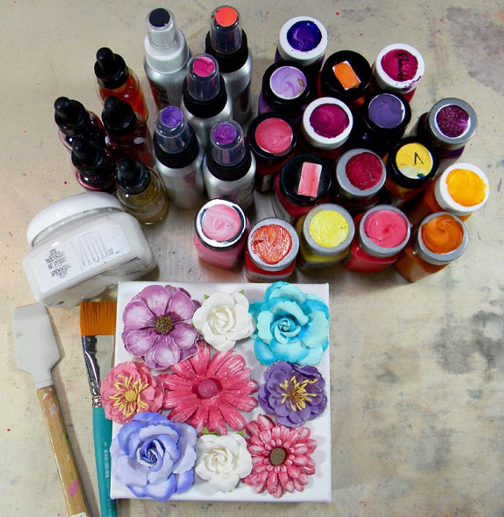 Grab some of those paper flowers you've been hoarding, a 6" x 6" canvas, and Art Anthology mediums, and lets make a spring bouquet!  Pick 9 different flowers and arrange them on the canvas.