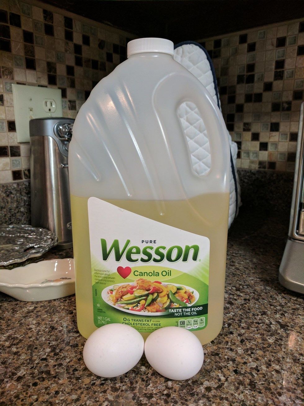 Grab vegetable oil and 2 eggs.