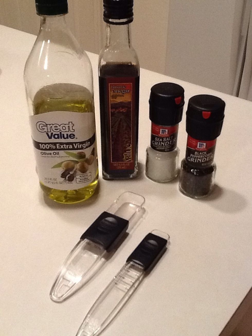 Grab you liquid ingredients and your salt and pepper. I love to use these measuring spoons from Pampered Chef for my smaller quantities.