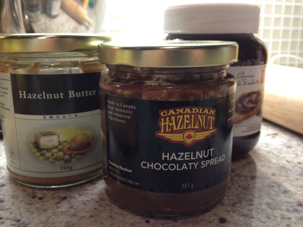 Grab your filling of choice! This time I used a combination of a couple chocolate hazelnut spreads. You can try with jams, nut butters, whatever tickles your fancy really.